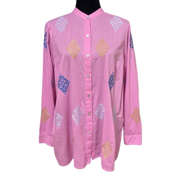 J Jill Pink Embroidered Tunic Top Small Cotton Art To Wear Button Front Blouse - Picture 4 of 8